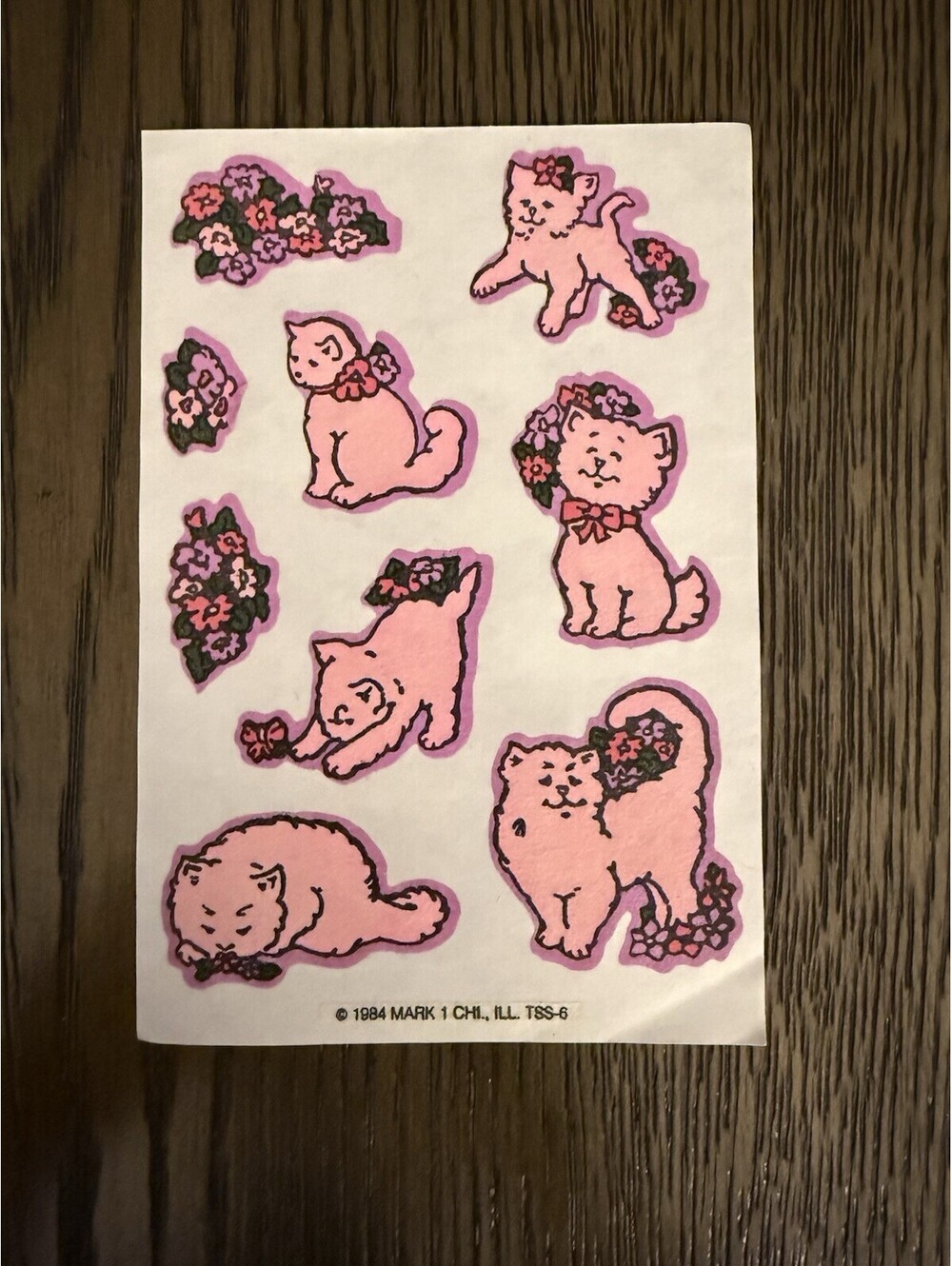 Vintage 1984 Mark 1 Scented Sticker Sheet Pink Cats Flowers 3M Backing Rare